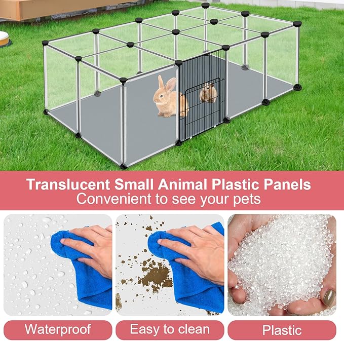 20 Panels Small Animals Playpen, 48" x 24" x 16" Transparent Pet Playpen with Waterproof Mat,Portable Plastic Enclosure Cage for Chicken/Guinea Pigs/Bunny/Ferrets/Hamsters/Hedgehogs Indoors Outdoor-PurrikoPets