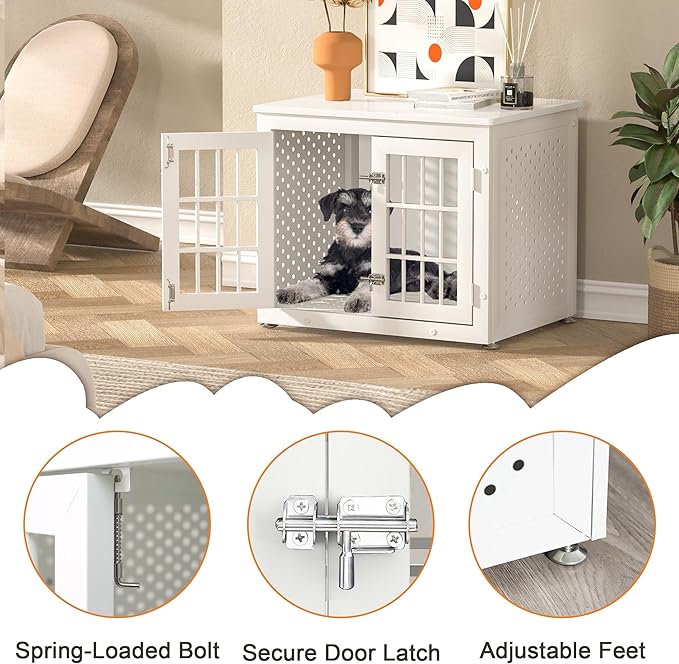 26" Heavy Duty Dog Crate Furniture for Small Dogs, Metal Kennel for High Anxiety Dogs, Chew Proof Pet Cage Indoor, Decorative Kennel End Table, White-PurrikoPets