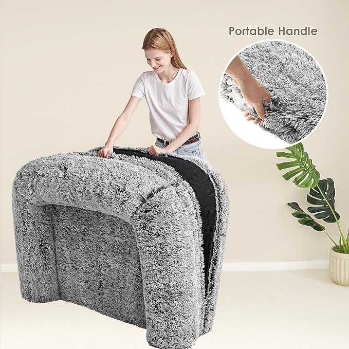 EHEYCIGA Foldable XXL Dog Bed, Faux Fur Fluffy Pet Couch Bed for Extra Large Dogs, Orthopedic Calming Memory Foam Pet Bed, Washable Soft Pet Sofa Bed with Non-Slip Bottom, Faded Black, 54"x38"x7.5"-PurrikoPets