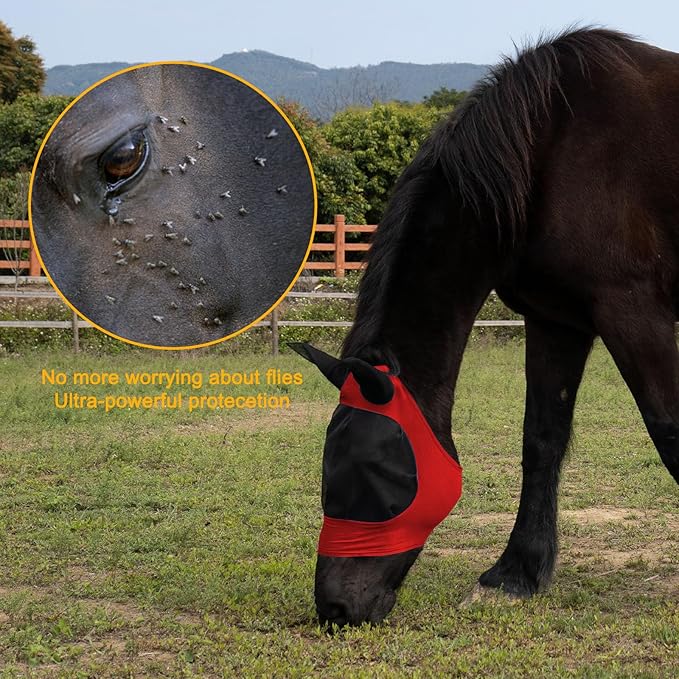 2 Piece Horse Fly Mask with Ears, Comfortable Fit Stretch Fabric Big Eye Space Soft Breathable with UV Protection for Full Horses (Red-Blue)-PurrikoPets