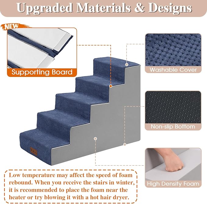 GGIB Dog Stairs for Small Dogs and Cats - Non-Slip Steps for High Bed, Sofa, Couch - Pet Ramp with Removable Washable Cover, Navy, 22" H, 5-Step-PurrikoPets