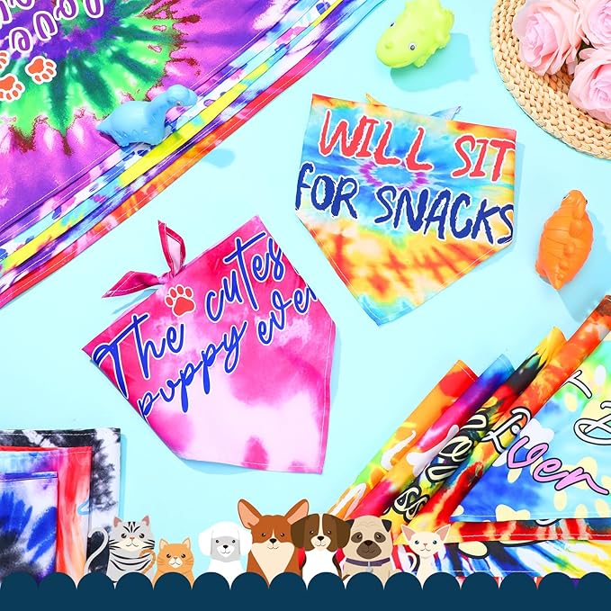 50 Pcs Tie Dye Dog Bandanas Bulk Pet Bibs Colorful Triangle Scarf Tie Dye with Sayings Pet Bandanas for Medium Large Dogs Spring Summer Birthday Costume Decor-PurrikoPets