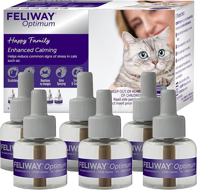 FELIWAY Optimum 6 x 30 Day Cat Calming Refills for Pheromone Diffuser, 6 x 48ml Value Pack - Helps Reduce Common Signs of Stress in Cats & Kittens, Enhanced Calming-PurrikoPets
