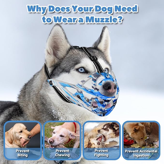 Dog Muzzle for Large Dogs, Medium and X-Large Aggressive Dog, Breathable Basket Muzzles, Suitable for Grooming Trimming Training, Allows Panting Drinking (Camouflage Blue, L)-PurrikoPets