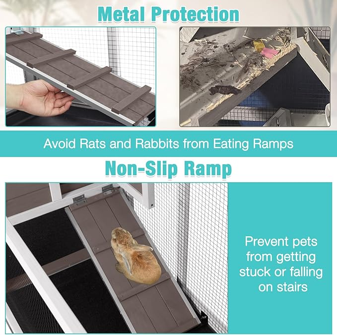 62" Rabbit Hutch with Chew-Proof Ramp & Waterproof Roof - Indoor/Outdoor Bunny Cage, 2-Story Design, 6 Lockable Caster Wheels & Dual Pull-Out Trays (Brown)-PurrikoPets