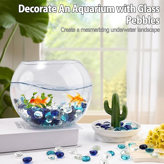 1LB Mixed Blue Glass Marbles, Transparent and Smooth Flat Glass Beads for Vases, Mosaic Gem Pebbles for Aquarium Decor, Floral Arrangements, Mancala Stones, Vase Filler and Crafts (Approx. 80-100 PCS)-PurrikoPets