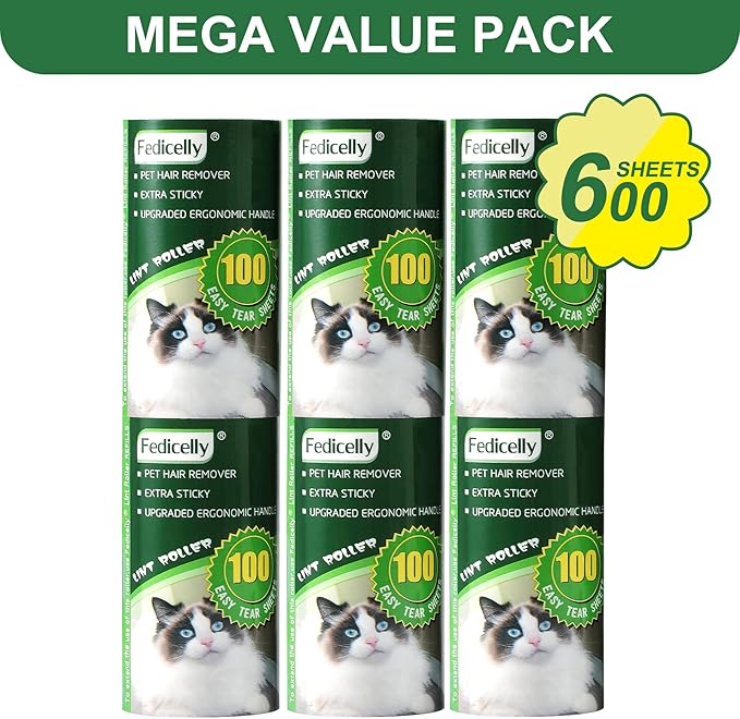 Fedicelly Lint Rollers Pet Hair Extra Sticky Refills,Mega Value Set 600 Sheets for Cat and Dog Hair Removal,100 Sheets Per Roller (Pack of 6)-PurrikoPets