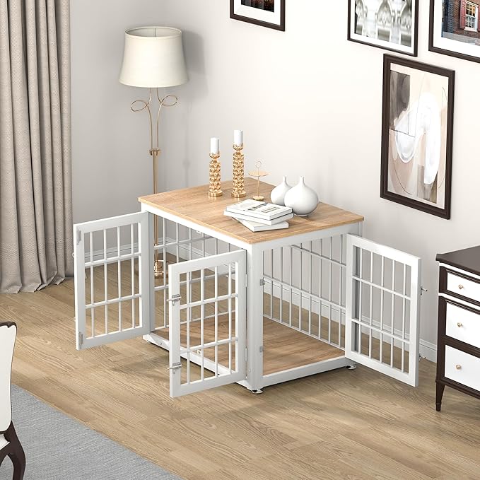 32 Inch Heavy Duty Dog Crate Furniture for Medium and Small Dogs, Decorative Pet House End Table, Wooden Cage Kennel Furniture Indoor, Natural and White-PurrikoPets