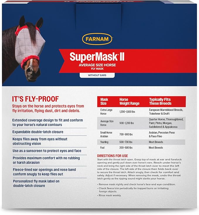 Farnam SuperMask II horse fly mask without ears, extended coverage, protects eyes from insects and debris, adjustable throat latch, Average Horse Size-PurrikoPets