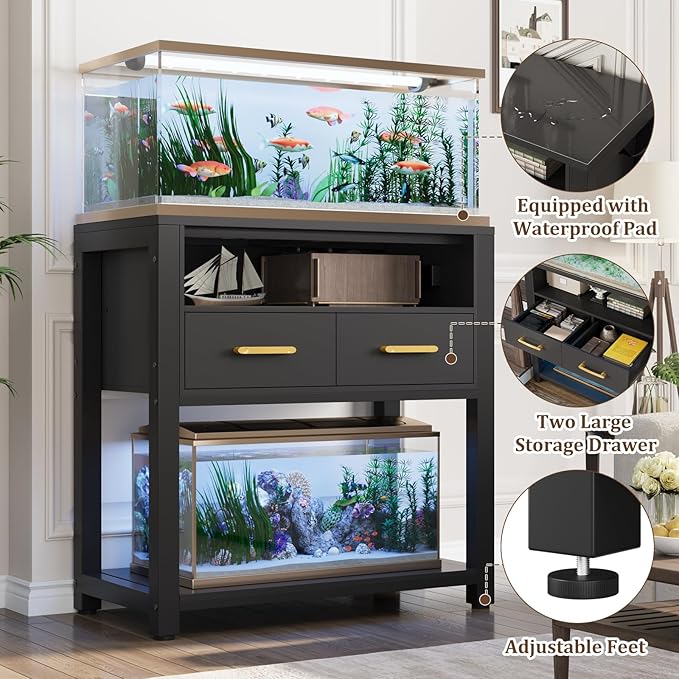 20-29 Gallon Aquarium Stand with Stable Metal Frame & Power Outlet, Heavy-Duty Fish Tank Stand with Waterproof Mat, 550LBS Capacity Storage Cabinet, Black-PurrikoPets