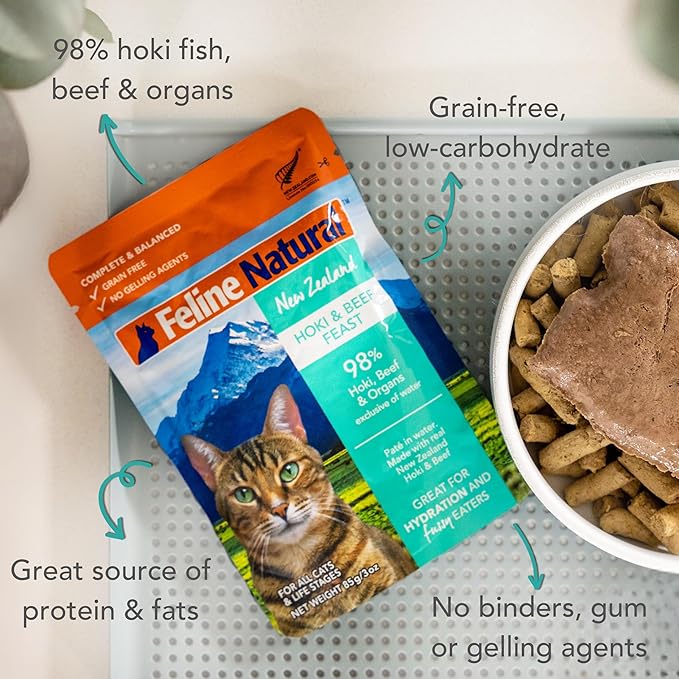 Feline Natural Wet Cat Food Pouch - Hoki & Beef Feast, Grain-Free, Grass-Fed & Sustainably Sourced Wet Food for Cats - Made in New Zealand, 3oz Pate, 12 Count Pack-PurrikoPets