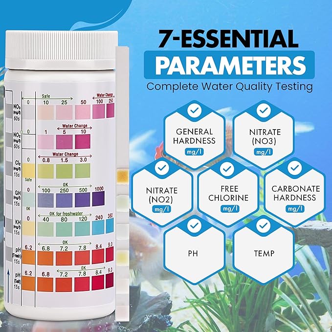 7 in 1 - Aquarium Test Strips | 100 Fast & Accurate Strips | Fish Tank Aquariums Water Test Kit & ebook | Aquarium Thermometer | Fish Tank Water Testing Kit for Fresh & Saltwater | Versatile Usage-PurrikoPets