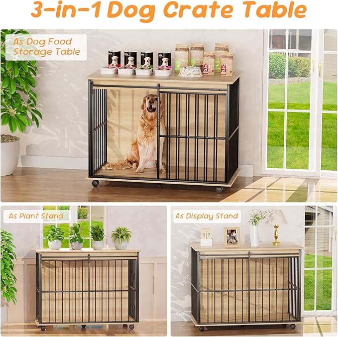 43.7" Dog Crate Furniture, XL Dog Crate Dog Kennel Indoor with Wheels for Large Medium Small Dogs, Wooden Dog Kennel End Table with Sliding Door Wooden Furniture Crates for Living Room, Bedroom-PurrikoPets