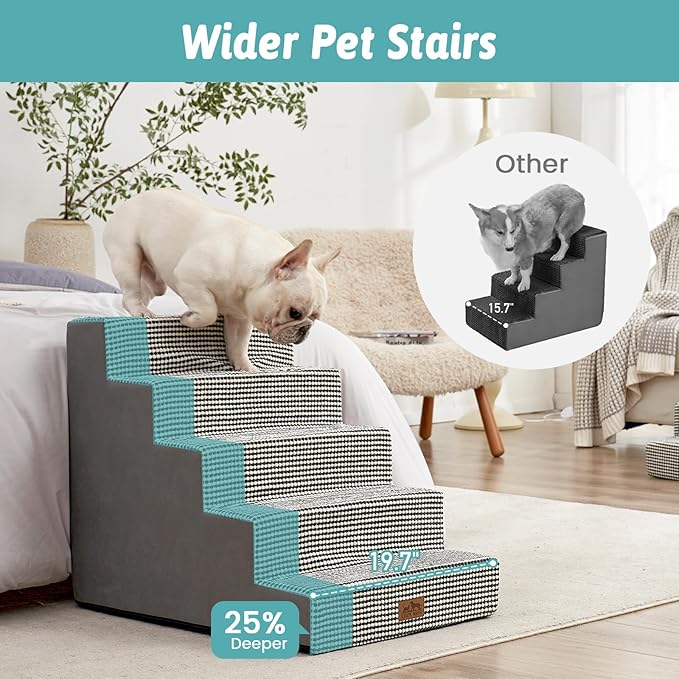 Dog Stairs for Small Dogs, 5 Tier Wider Pet Stairs for High Beds, 23.6" H Non-Slip Dog Steps for Old Cats, Puppies, Small Medium Dogs, 29.5x19.7x23.6 inch, White Black-PurrikoPets
