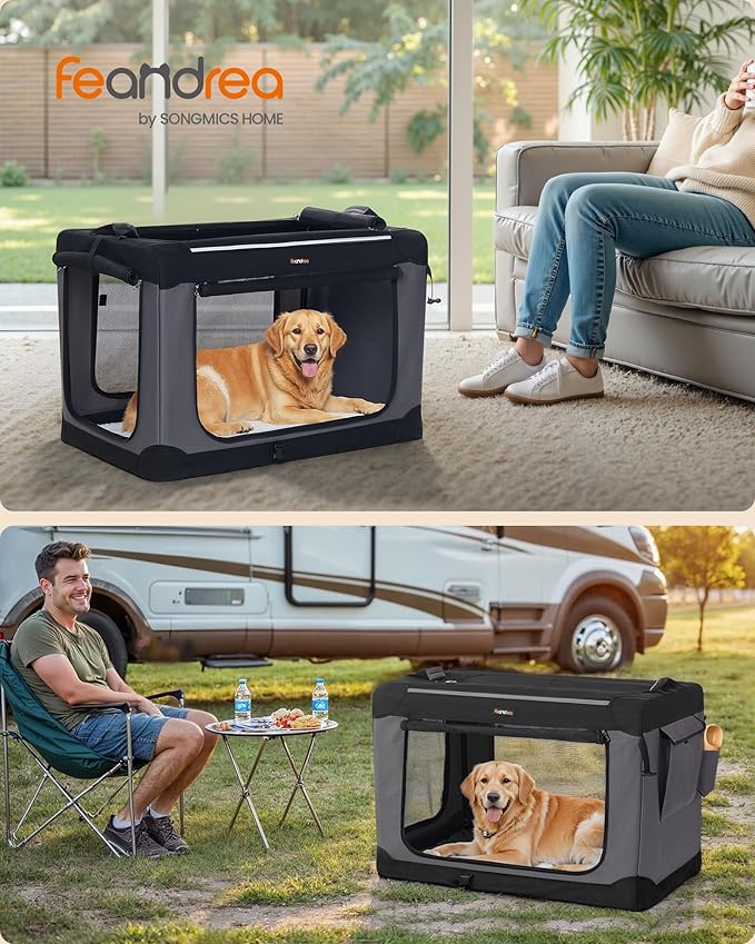 Feandrea Collapsible Dog Crate, 36-Inch Portable Dog Travel Crate for Large Dogs, Oxford Fabric Pet Carrier with 4 Mesh Doors, Handles, Storage Pocket, Water Bottle Holder, Ink Black UPDC019B01-PurrikoPets