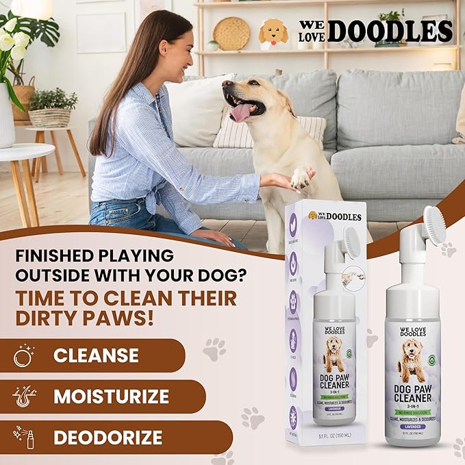 Dog Paw Cleaner (Over 100+ Feet Cleanings) No-Rinse Dog Foot Washer, Gentle and Safe Paw Cleaner for Dogs and Cats, Foam Formula, Moisturizes and Deodorizes, 150mL (Lavender) [We Love Doodles]-PurrikoPets