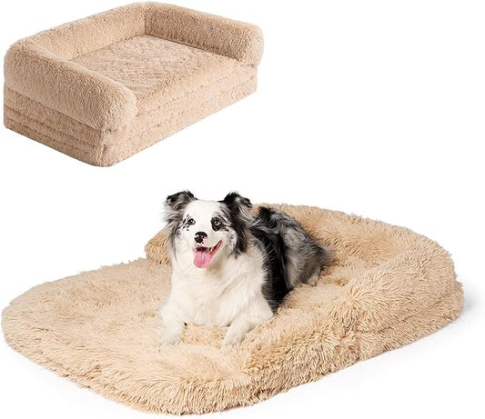 EHEYCIGA Foldable XXL Dog Bed, Faux Fur Fluffy Pet Couch Bed for Extra Large Dogs, Orthopedic Calming Memory Foam Big Pet Bed, Washable Soft Pet Sofa Bed with Non-Slip Bottom, Camel, 54"x38"x7.5"-PurrikoPets