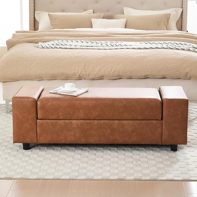 55" End of Bed Storage Bench Ottoman for Bedroom, Faux Leather Upholstered Entryway Bench Long Window Seating for Corner/Living Room/Recption Room/Office/Shop, Brown-PurrikoPets