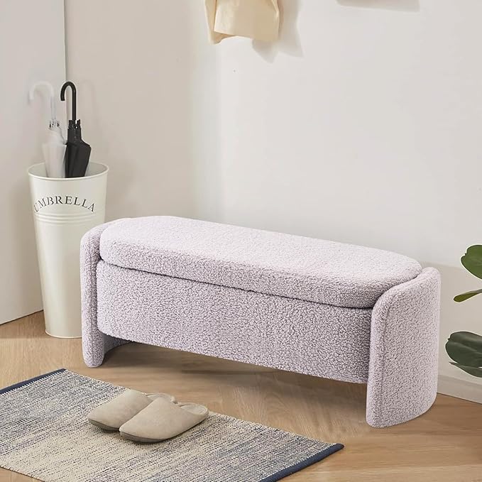 48 Inch Lamb Fleece Oval Storage Bench Upholstered Ottoman Bench with Storage, Bedroom Bench with Large Storage Space, for Bedroom Living Room Entryway, Grey-PurrikoPets