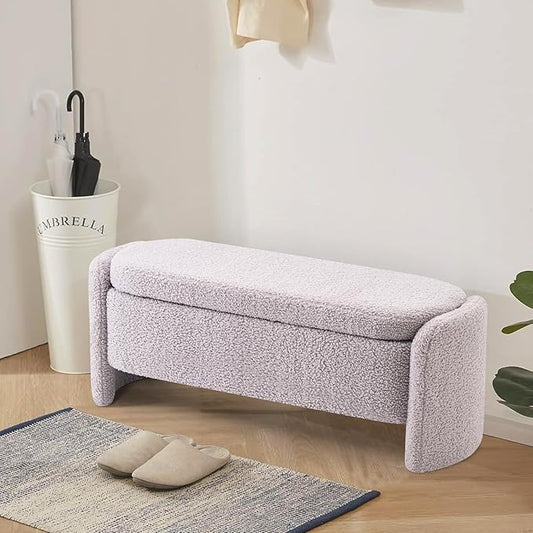 48 Inch Lamb Fleece Oval Storage Bench Upholstered Ottoman Bench with Storage, Bedroom Bench with Large Storage Space, for Bedroom Living Room Entryway, Grey-PurrikoPets