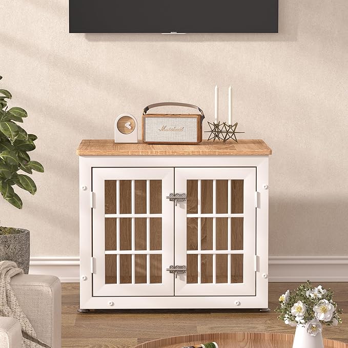 26" Heavy Duty Dog Crate Furniture for Small Dogs, Metal Kennel for High Anxiety Dogs, Chew Proof Pet Cage Indoor, Decorative Dog Kennel End Table,White-PurrikoPets