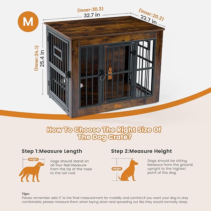 Gardner Pet Dog Crate Furniture for Medium Dogs, 32.7 Inch Dog Kennel Indoor, Wooden Dog Cage End Table with 2 Removable Bowls, Heavy Duty Dog Crate, Rustic Brown-PurrikoPets
