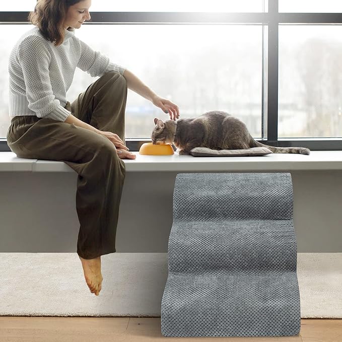 Dog Stairs for Small Dogs - High Density Foam Dog Ramp, Extra Wide Pet Steps with Non-Slip Bottom for High Beds, Couche and Sofa, Best for Dogs Injured, Older Doggy Cats (Grey, 3 Steps)-PurrikoPets