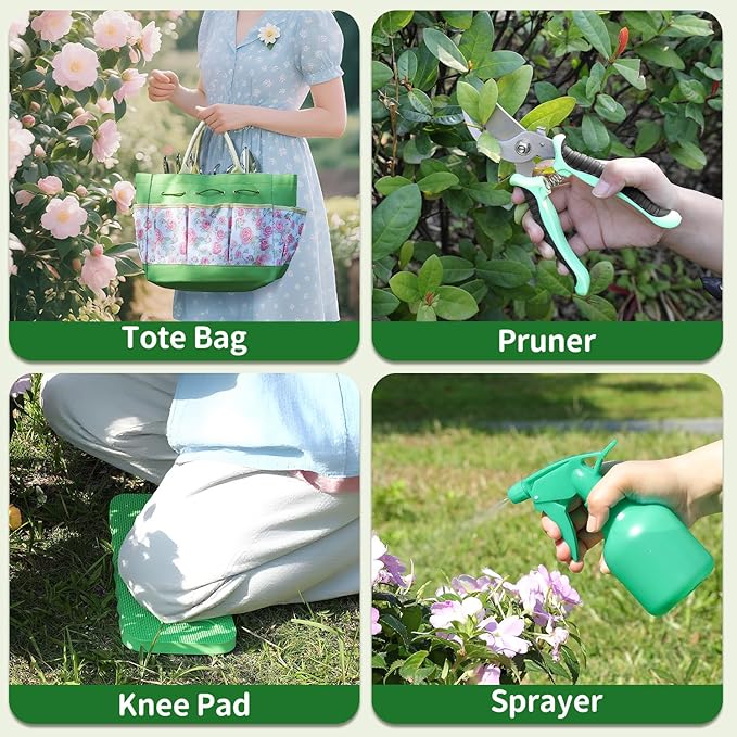 Garden Tool Set,10 Piece Garden Kit,Heavy Duty Stainless Steel Gardening Hand Tools with Durable Storage Tote,Rust-Proof Garden Tools,Gardening Gifts for Women Men Pink Floral Pattern Design-PurrikoPets