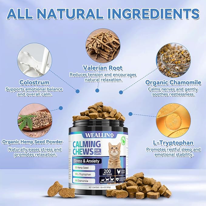 200 PCS Cat Calming Treats, Calming Treats for Cats Help to Manage Stress & Anxiety, Calming Aid for Cats with Hemp Seed Powder Chamomile Melatonin for Cat Anxiety Relief, Separation, Travel, Storms-PurrikoPets