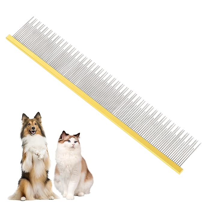 8.5 Inch Dual Tooth Pet Comb for Mats and Tangles，Professional Grooming Comb Removing Excess Hair for Long-Haired Cats and Dog Kit,Prevent Undercoat, Excess Hair,Mats and Tangles,Pet Essential-PurrikoPets
