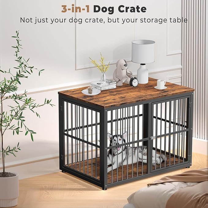 43'' Dog Crate Furniture with 3 Doors, XL Wooden Crate End Table Heavy Duty Indoor Puppy Cage for Medium to Large Dogs, Multiple Units Can be Combined-PurrikoPets