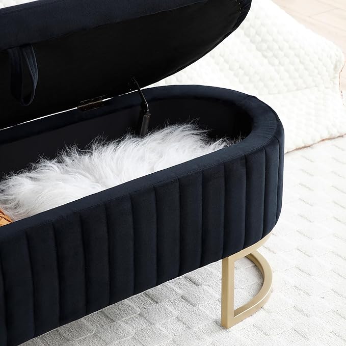 50" Sherpa Storage Ottoman Bench – Velvet Upholstered Bedroom Bench with Golden Metal Legs, Lift-Top Hidden Storage, Modern Footrest for Living Room, Entryway, Bed End (Black)-PurrikoPets