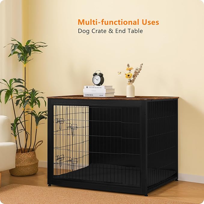 DWANTON Dog Crate Furniture with Cushion, Wooden Kennel Table with Double Doors, Indoor Dog House, Extra Large Size, 43.3" L, Black+Rustic Brown-PurrikoPets