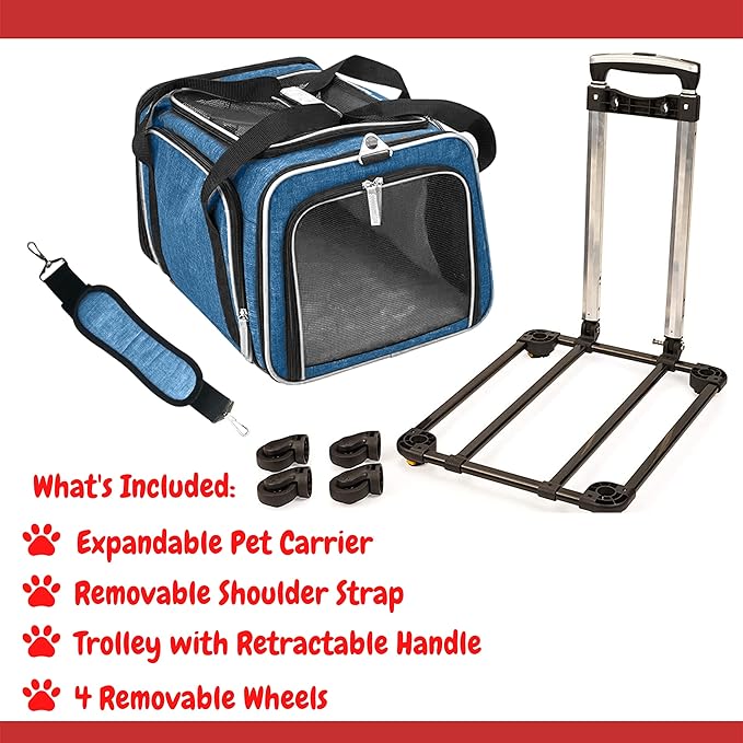 Airline Approved Expandable Premium Pet Carrier on Wheels- Two Sided Expandable Rolling Carrier- Designed for Dogs & Cats- Extra Spacious Soft Lined Carrier! (Blue)-PurrikoPets