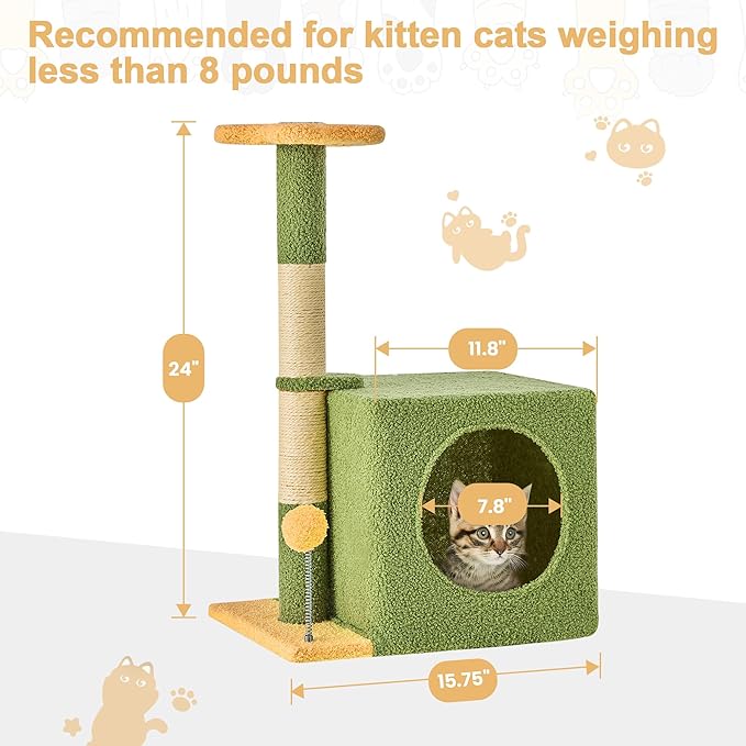 24 Inch Cat Tree Condo for Indoor Cats with Floral Sisal Scratching Post, Plush Hang Ball Play Furniture for Kittens Cats, Yellow-PurrikoPets