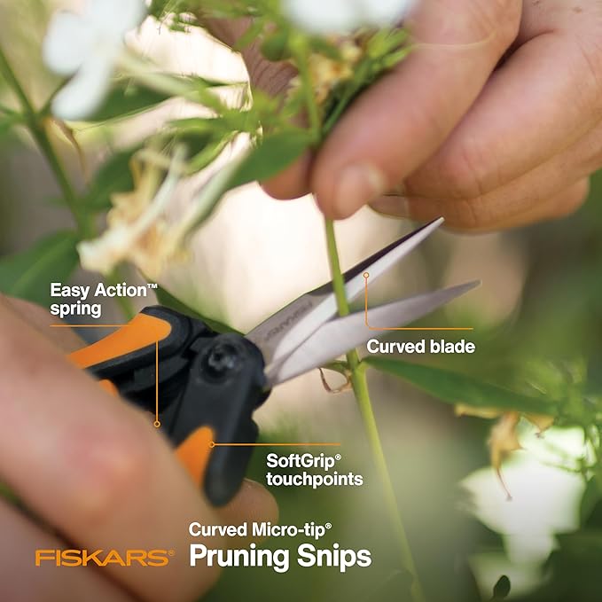 Fiskars Curved Micro-Tip Pruning Snips - 6" Garden Shears with Sheath and SoftGrip Handle - Yard and Garden Tools - Orange/Black-PurrikoPets