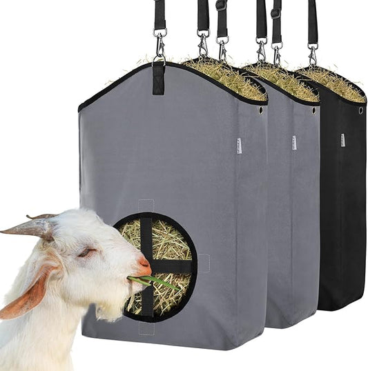 3 Packs Goat Hay Feeder,Hay Bags for Goats,Horses,Sheep,Premium 600D Oxford Cloth,with Metal Fastener and Adjustable Open Feed Hole for Slow Feeding. (1 Black+2Grey)-PurrikoPets