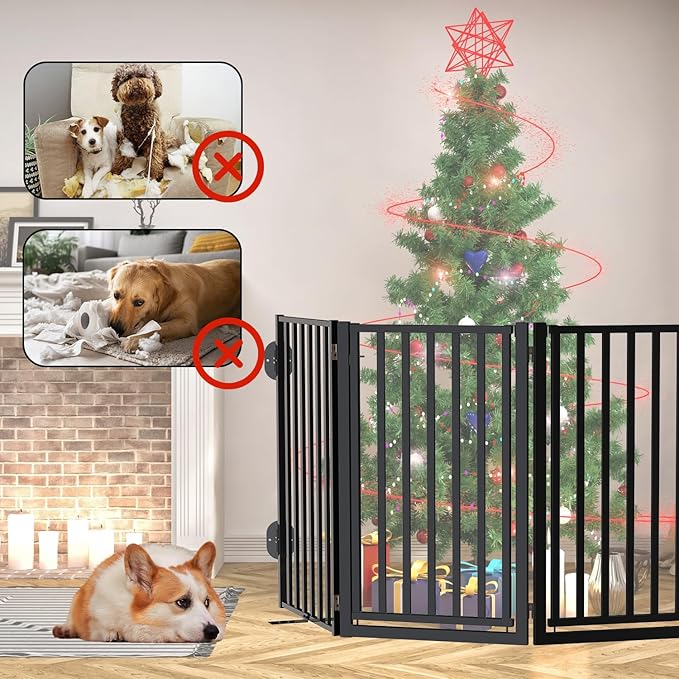 Free Standing Dog Gate with Door for Indoor Outdoor, Portable Dog Fence Foldable Design, Metal Black 32" Tall, Expandable 4 Panels Use for Front Door, Yard, Stairs-PurrikoPets