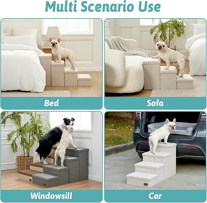 Dog Stairs with Storage, 3-Step Wider Sturdy Dog Steps for Small/Medium/Large Dogs and Older Cats, Folding Doggie Ramp for Bed/Couch/Car Hold Up to 180 lbs (16.7" H, Beige)-PurrikoPets