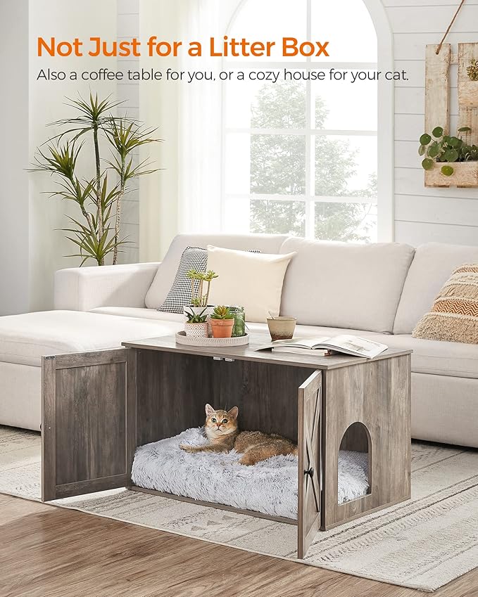 Feandrea Cat Litter Box Enclosure, Litter Box Furniture Hidden with Removable Divider, Indoor Cat House, End Table, 31.5 x 20.9 x 19.7 Inches, Greige UPCL002G01-PurrikoPets