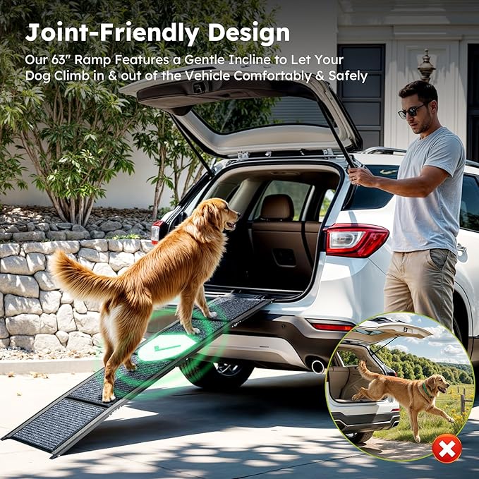 Dog Ramp for Car, 63" Folding Pet Ramp for Large Dogs up to 200 lb, 17" Wide Car Ramp for Dog, Portable Pet Stair Ramp with Nonslip Rug Surface, Outdoor Dog Ramp for Truck SUV High Bed Couch-PurrikoPets