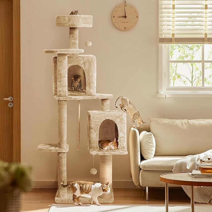 59in Large Cat Tree Tower for Indoor Cats with Soft Plush Hang Ball, Two Condos, Sisal Scratch Posts & Rope Play for Kittens/Adult Cats, New Beige-PurrikoPets