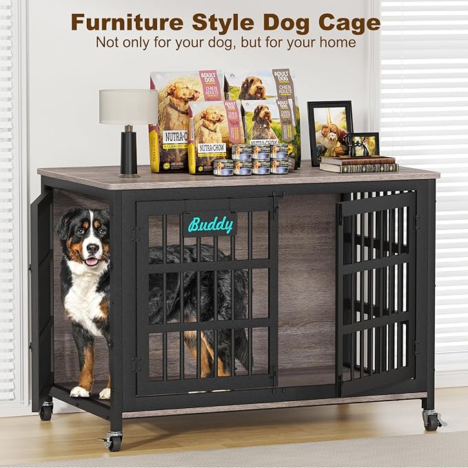EasyCom 48"/42"/33" XXL Dog Crate Furniture with Casters, Heavy Duty Dog Kennel Indoor for Large Dogs, Escape-Proof and Chew-Proof Dog Cage for high Anxiety Dog, Decorate House as TV Stand, End Table-PurrikoPets