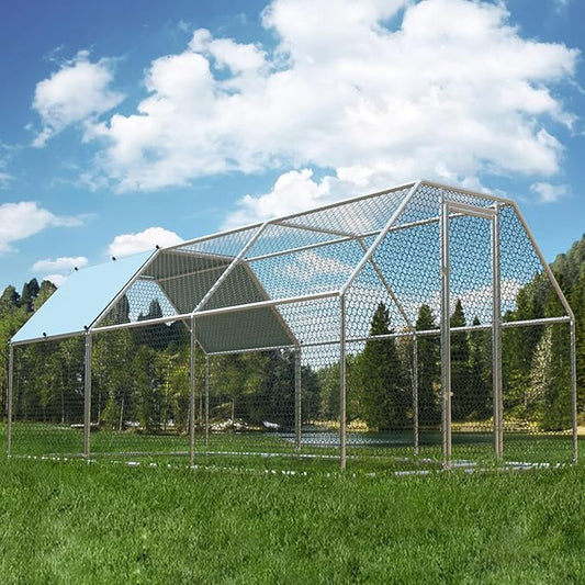 4ever2buy 1.26’’ Large Metal Chicken Coop Run Walk in, Chicken Pen for Chickens, Outdoor Chicken Runs Coops, Flat Roofed Chicken Runs for Yard with Anti-Ultraviolet Cover (9.2’L x18.7’Wx 6.4’H)-PurrikoPets