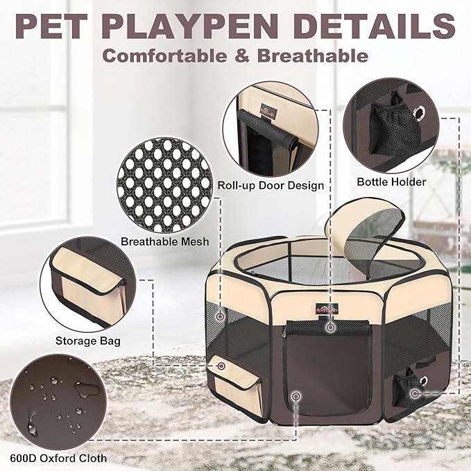 Aivituvin Dog Playpen, Foldable Pet Play Pens with Carrying Bag for Cat, Puppies, Rabbits, Portable Dog Tent Crates Cage for Travel Camping Indoor Outdoor, Removable Shade Cover, Brown L-PurrikoPets