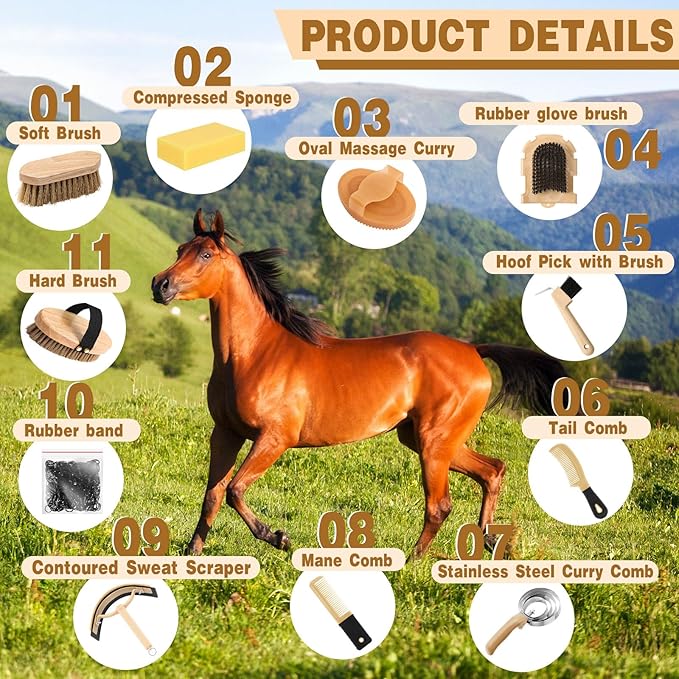 Abbylike 12 Pieces Horse Grooming Kit Racing Festival Tack Room Supplies Horse Brush Sets Equine Care Cleaning Kit Shedding Grooming Massaging Tools(Khaki)-PurrikoPets