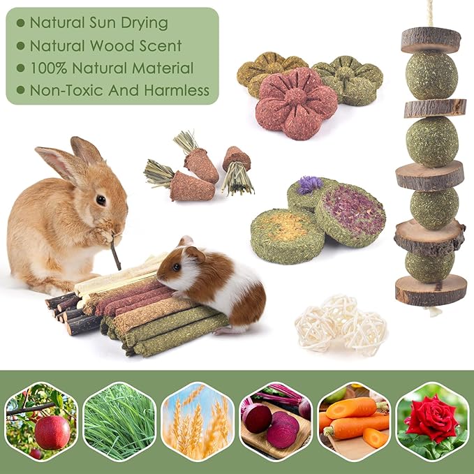 ERKOON Bunny Toys Boredom, 42 PCS Bunnies Timothy Hay Sticks Carrots Rose Grass Cake Dental Care, Molar, Chinchillas Toy Chew Toy, Guinea Pigs, Hamsters, Chinchilla, Rabbit Chew Toys for Teeth-PurrikoPets