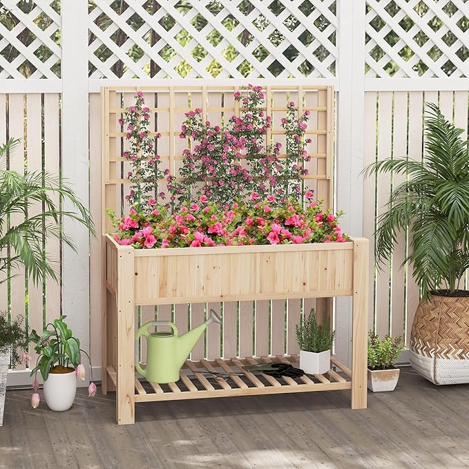 Giantex Raised Garden Bed with Trellis, Wooden Elevated Planter Box with Legs, Drainage Holes for Climbing Plants Vines Vegetables Flowers Herbs, Outdoor Horticulture Planter for Patio Yard-PurrikoPets