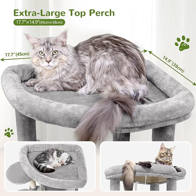 Globlazer Corner Cat Tree for Large Cats, 66inch Tall Curved Series Large Cat Tower for Multiple Indoor Cats with 6 Scratching Posts, 2 Spacious Cat Condos, Hammock, Hanging Basket, C66, Light Grey-PurrikoPets