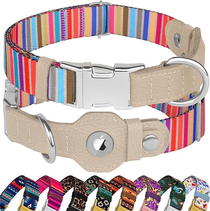 AirTag Dog Collar for Small Medium Large Breed - Adjustable Cute Pattern Dog Collar with Airtag Holder - Soft Leather Tracker GPS Apple Air Tag Pet Collars (X-Small, 9"-12" Neck Fit, Serape)-PurrikoPets